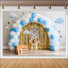 Lofaris Fond Smash Cake 1er Anniversaire Boho, Arche Ballons Bleu Blanc Franges Or et Macramé