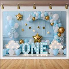Lofaris Fond Anniversaire 1 An, Arche Ballons Bleus avec Lettres ONE et Étoiles pour Bébé Garçon