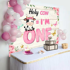 Lofaris Fond Anniversaire Holy Cow 1 An, Thème Vache Rose pour Smash Cake Fille
