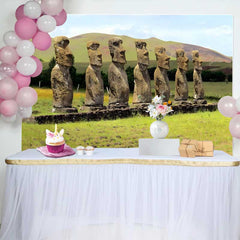 Lofaris Fond Sept Statues Moai Prairie Verte, Arrière-plan Photographie Site Historique Île de Pâques