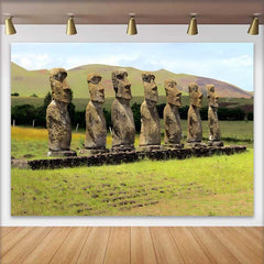 Lofaris Fond Sept Statues Moai Prairie Verte, Arrière-plan Photographie Site Historique Île de Pâques