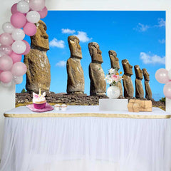 Lofaris Fond Paysage Statues Moai Île de Pâques, Décoration Fête Merveilles Anciennes