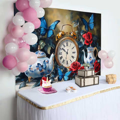 Lofaris Fond de Mariage Horloge Vintage et Papillons Bleus, Roses Rouges et Théières Jardin Enchanté