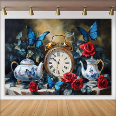 Lofaris Fond de Mariage Horloge Vintage et Papillons Bleus, Roses Rouges et Théières Jardin Enchanté