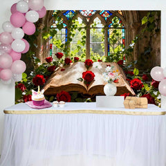 Lofaris Fond de Mariage Fenêtre en Vitrail Enchanté avec Roses Rouges et Vieux Livre, Décor Conte de Fées