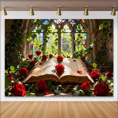 Lofaris Fond de Mariage Fenêtre en Vitrail Enchanté avec Roses Rouges et Vieux Livre, Décor Conte de Fées