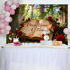 Lofaris Fond de Mariage Livre d'Histoires Il Était Une Fois avec Roses Rouges, Décor Vitrail Enchanté