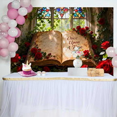 Lofaris Fond de Mariage Livre d'Histoires Il Était Une Fois avec Roses Rouges, Décor Conte de Fées Romantique