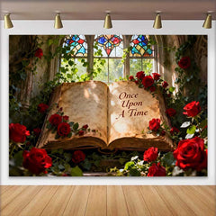 Lofaris Fond de Mariage Livre d'Histoires Il Était Une Fois avec Roses Rouges, Décor Conte de Fées Romantique