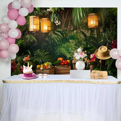 Lofaris Fond de Cake Smash Anniversaire Jungle Tropicale Vibrante, Verdure avec Feu de Camp et Lanternes