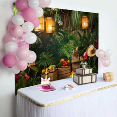 Lofaris Fond de Cake Smash Anniversaire Jungle Tropicale Vibrante, Verdure avec Feu de Camp et Lanternes
