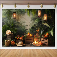 Lofaris Fond de Cake Smash Anniversaire Jungle Verte Luxuriante, Feu de Camp Rustique et Lanternes Chaudes