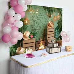 Lofaris Fond de Cake Smash Anniversaire Vert Tropical Luxuriant, Feuilles de Jungle Boho et Guirlandes