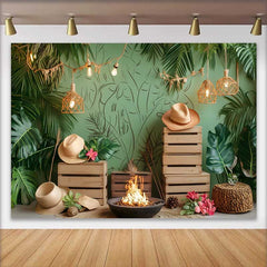 Lofaris Fond de Cake Smash Anniversaire Vert Tropical Luxuriant, Feuilles de Jungle Boho et Guirlandes