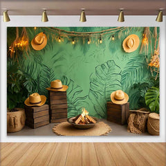 Lofaris Fond de Cake Smash Anniversaire Feuilles de Jungle Tropicale, Accessoire Studio Photo Feu de Camp