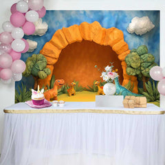 Lofaris Fond de Cake Smash Anniversaire Dinosaures et Grotte en Dessin Animé, Décor de Fête Préhistorique