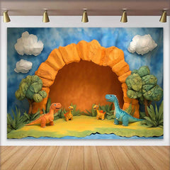 Lofaris Fond de Cake Smash Anniversaire Dinosaures et Grotte en Dessin Animé, Décor de Fête Préhistorique