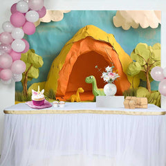 Lofaris Fond de Cake Smash Anniversaire Dinosaure Adorable en Papier, Grotte et Jungle Verte
