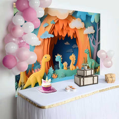 Lofaris Fond de Cake Smash Anniversaire Dinosaure Coloré Style Papier Découpé, Photobooth Fête Bébé