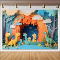 Lofaris Fond de Cake Smash Anniversaire Dinosaure Coloré Style Papier Découpé, Photobooth Fête Bébé