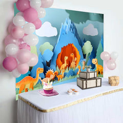 Lofaris Fond de Cake Smash Anniversaire Dinosaure en Art Papier, Scène de Montagne et Grotte pour Enfants