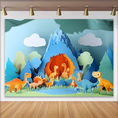 Lofaris Fond de Cake Smash Anniversaire Dinosaure en Art Papier, Scène de Montagne et Grotte pour Enfants