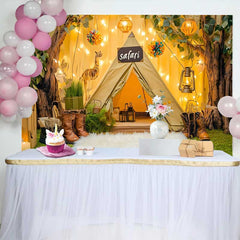 Lofaris Fond de Cake Smash Anniversaire Tente Safari et Arbres avec Guirlande Girafe, Décor Aventure