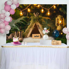 Lofaris Fond de Cake Smash Anniversaire Safari de Forêt Cosy, avec Teepee Moussu, Lanterne et Bottes