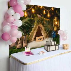 Lofaris Fond de Cake Smash Anniversaire Safari de Forêt Cosy, avec Teepee Moussu, Lanterne et Bottes