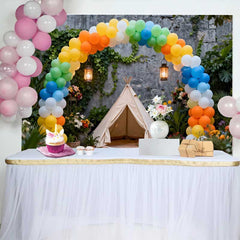 Lofaris Fond de Cake Smash Anniversaire Arche de Ballons Arc-en-ciel et Teepee, Décor de Fête Extérieur