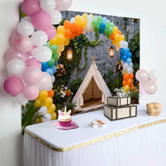 Lofaris Fond de Cake Smash Anniversaire Arche de Ballons Arc-en-ciel et Teepee, Décor de Fête Extérieur