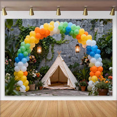 Lofaris Fond de Cake Smash Anniversaire Arche de Ballons Arc-en-ciel et Teepee, Décor de Fête Extérieur