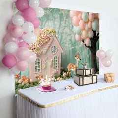 Lofaris Fond de Cake Smash Anniversaire Maison de Fée Rose et Cerf, Ballons Pastel Décor de Fête