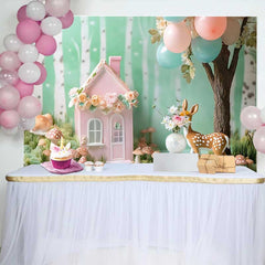 Lofaris Fond de Cake Smash Anniversaire Maison de Fée Florale Rose et Cerf, Décor de Fête Baby Shower