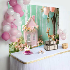 Lofaris Fond de Cake Smash Anniversaire Maison de Fée Florale Rose et Cerf, Décor de Fête Baby Shower