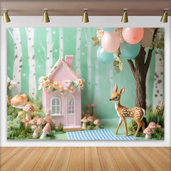 Lofaris Fond de Cake Smash Anniversaire Maison de Fée Florale Rose et Cerf, Décor de Fête Baby Shower
