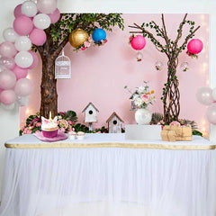 Lofaris Fond de Printemps Jardin Enchanté Rose avec Fleurs Luxuriantes, Nichoirs et Lanternes Baby Shower