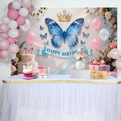Lofaris Fond de Cake Smash Anniversaire Papillon Bleu et Couronne d'Or, Fleurs Roses et Ballons