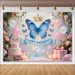 Lofaris Fond de Cake Smash Anniversaire Papillon Bleu et Couronne d'Or, Fleurs Roses et Ballons