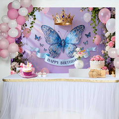 Lofaris Fond de Cake Smash Anniversaire Papillon Bleu et Couronne d'Or, Décor de Fête Florale Princesse