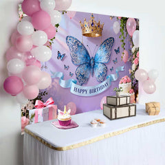 Lofaris Fond de Cake Smash Anniversaire Papillon Bleu et Couronne d'Or, Décor de Fête Florale Princesse