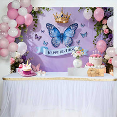 Lofaris Fond de Cake Smash Anniversaire Papillon Mauve Lavande et Couronne, Décor Floral Rose Élégant