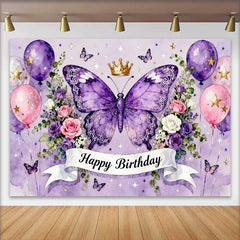 Lofaris Fond de Cake Smash Anniversaire Papillon Violet Magique et Couronne, Ballons Roses et Fleurs
