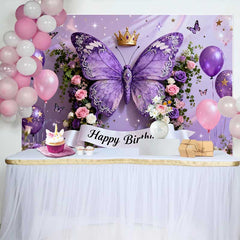 Lofaris Fond de Cake Smash Anniversaire Papillon Violet Élégant, Couronne Dorée et Décor de Fête Floral
