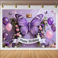 Lofaris Fond de Cake Smash Anniversaire Papillon Violet Élégant, Couronne Dorée et Décor de Fête Floral