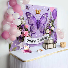 Lofaris Fond de Cake Smash Anniversaire Papillon Violet et Couronne, Décor de Fête pour Filles