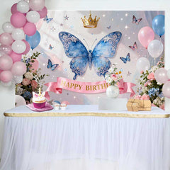 Lofaris Fond de Cake Smash Anniversaire Papillon Bleu Magique et Couronne d'Or, Décor pour Petites Filles