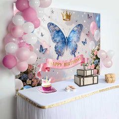 Lofaris Fond de Cake Smash Anniversaire Papillon Bleu Magique et Couronne d'Or, Décor pour Petites Filles