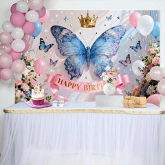 Lofaris Fond de Cake Smash Anniversaire Papillon Bleu Étincelant et Couronne d'Or, Décor Fée Princesse