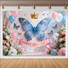 Lofaris Fond de Cake Smash Anniversaire Papillon Bleu Étincelant et Couronne d'Or, Décor Fée Princesse